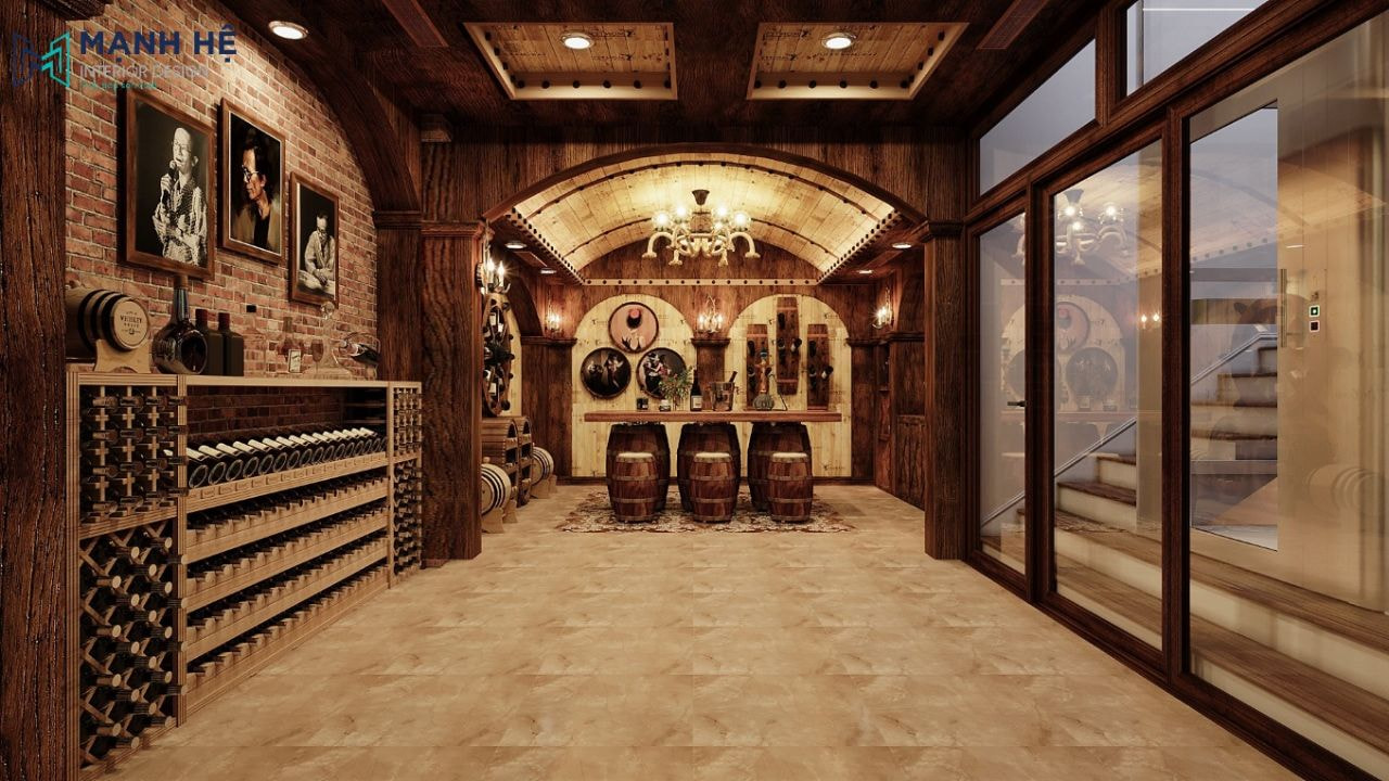 Các kệ rượu được làm từ gỗ tự nhiên chắc chắn, tăng sự đẳng cấp của gia chủ