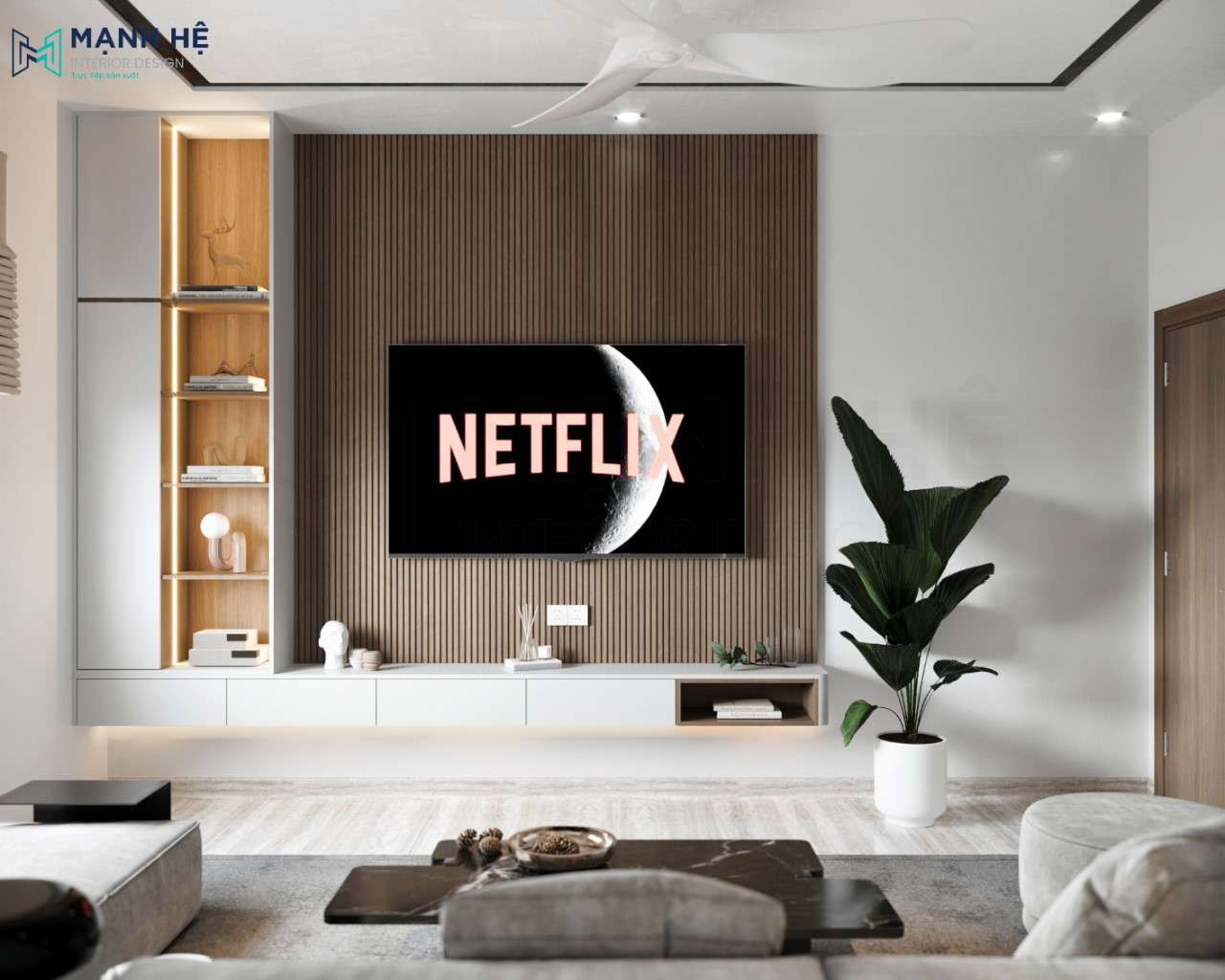 Vách tivi sử dụng lam gỗ tinh tế, nhẹ nhàng