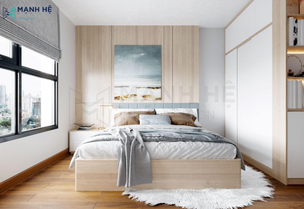 Không gian phòng ngủ thứ 01 với gam màu gỗ nhạt chủ đạo tạo cảm giác nhẹ nhàng, thư giãn