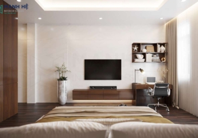 Thiết kế đối diện giường ngủ là kệ tivi treo tường cùng bàn làm việc hiệc đại