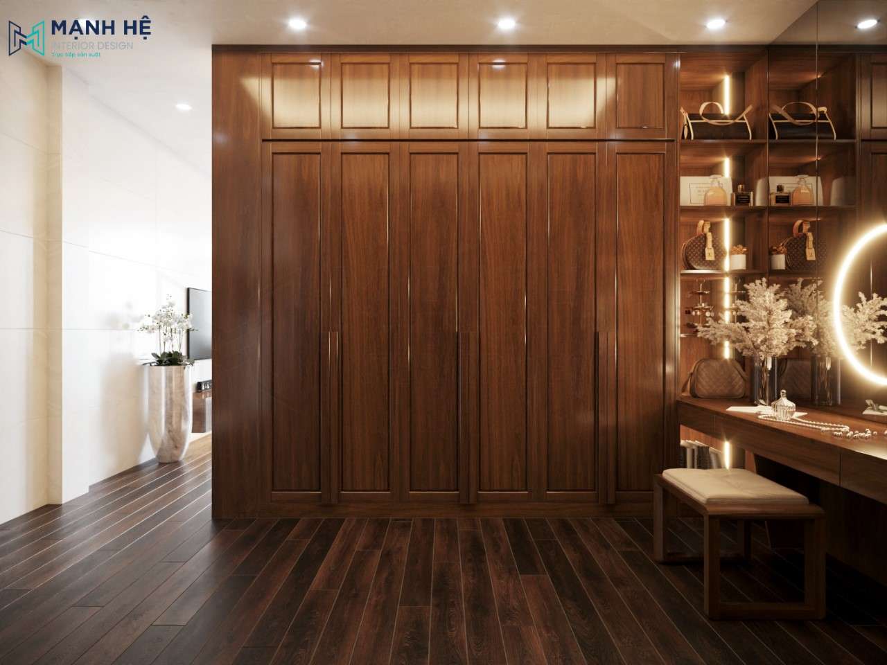 Chiếc tủ quần áo 6 cánh cao đụng trần 2 bên vừa rộng rãi lại rất dễ vệ sinh 