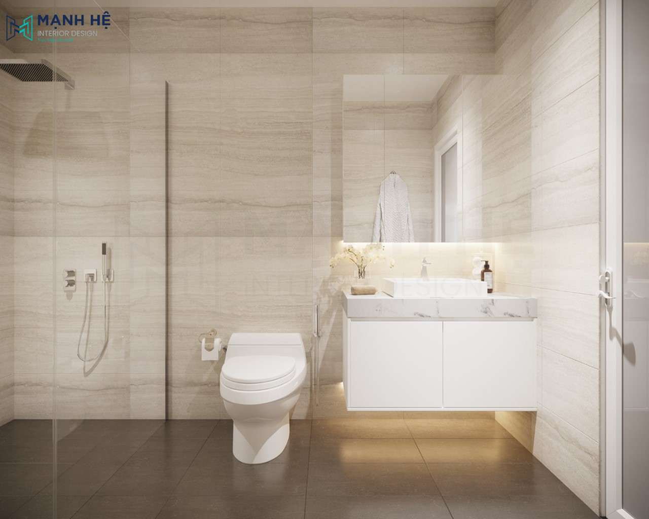 Sử dụng đá marble ốp bồn rửa kết hợp cùng hệ tủ gương cùng tủ lavabo hiện đại, Phòng vệ sinh phòng ngủ master đơn giản sử dụng gam màu nude tinh tế