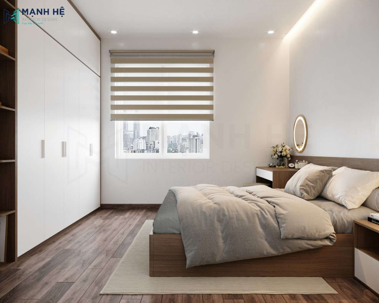 Nội thất đơn giản nhưng không thể thiếu chiếc tủ quần áo cao dụng trần có kệ trang trí