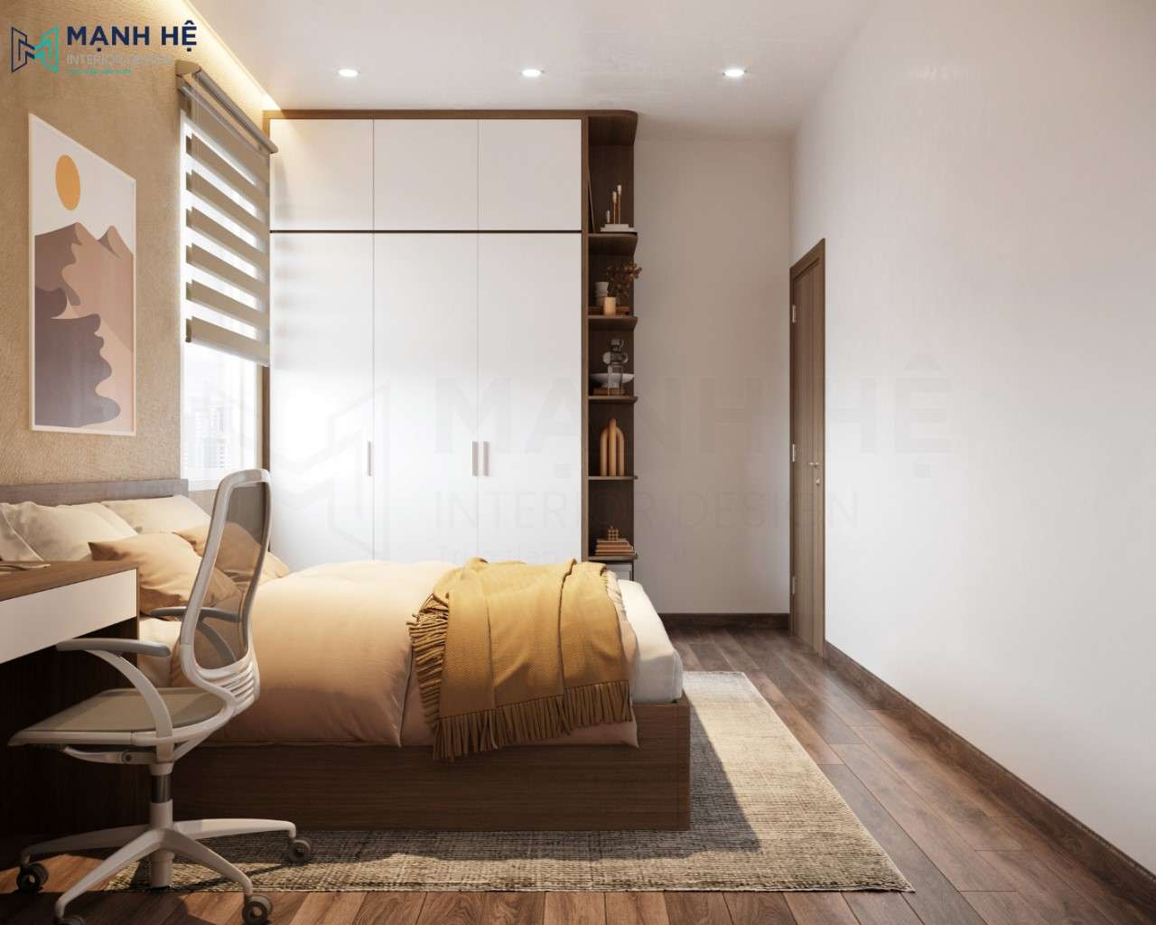 Nội thất đơn giản nhưng vẫn sử dụng tủ cao đụng trần hạn chế tích tụ bụi bẩn và vi khuẩn