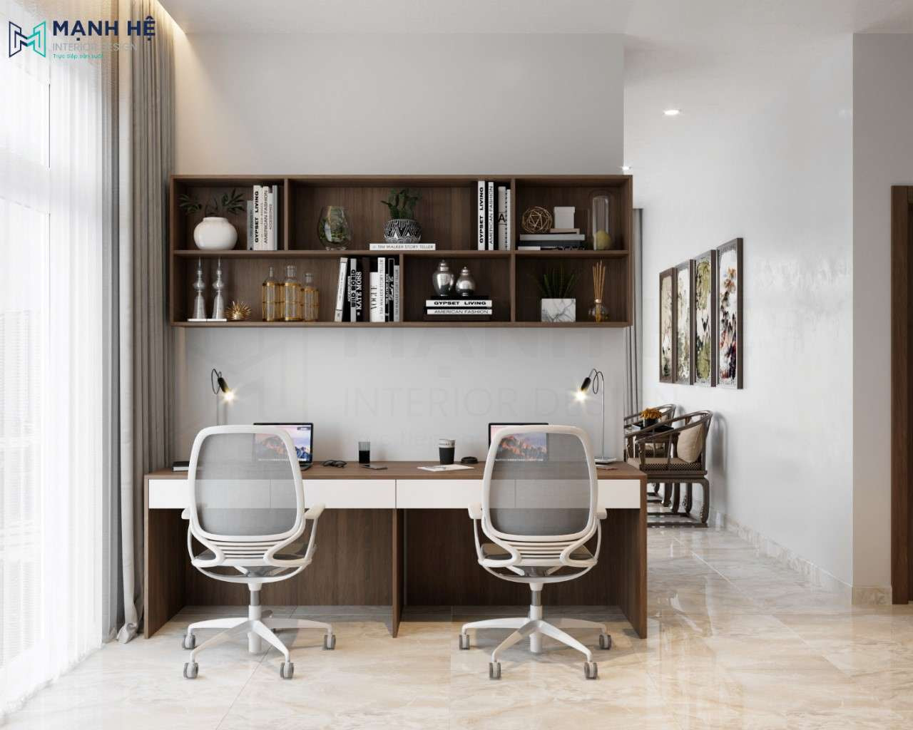 Hệ bàn đôi thiết kế nhiều ngăn kéo tiện lợi kết hợp cùng kệ sách cùng tông mang đến sự đồng bộ