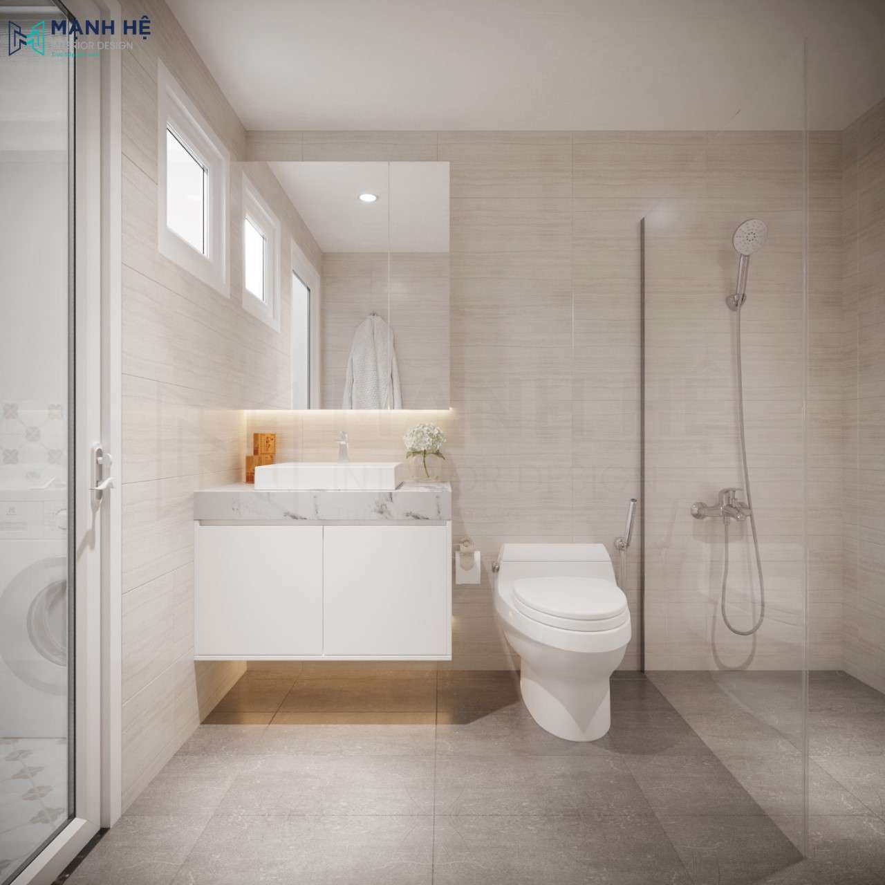 Nhà vệ sinh chung hiện đại được ốp gạch toàn bộ sạch sẽ 