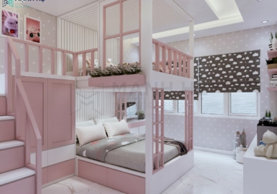 Giường tầng màu hồng kèm tủ áo GT004