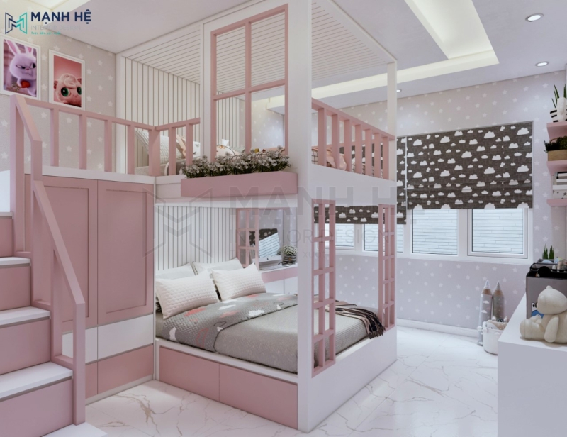 Giường tầng màu hồng kèm tủ áo GT004