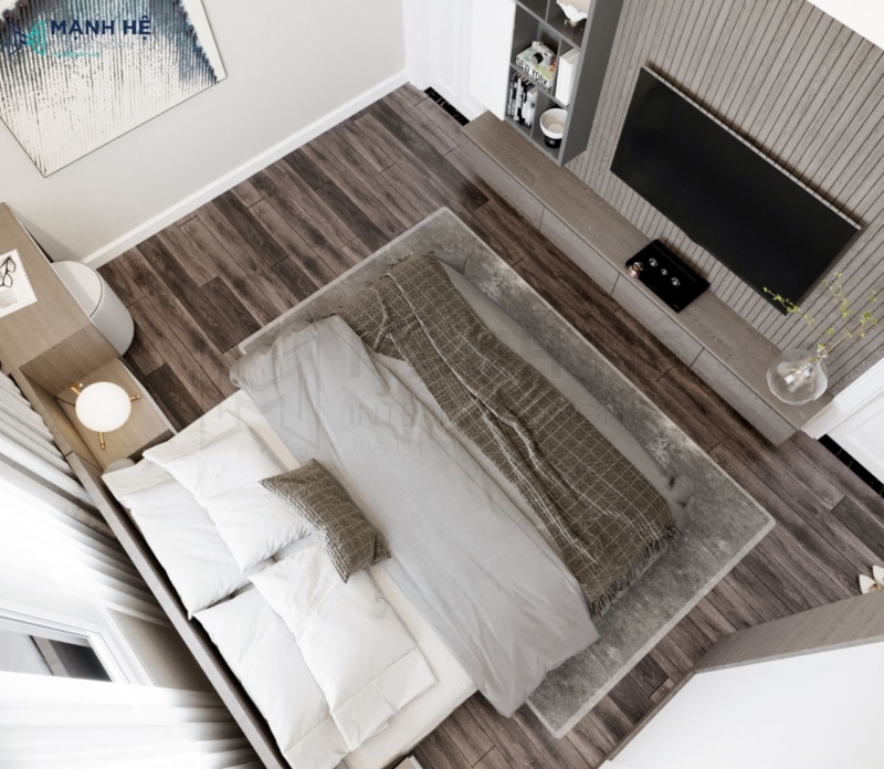 Giường ngủ và kệ tivi được sử dụng chung vật liệu và màu sắc tạo cảm giác đồng điệu