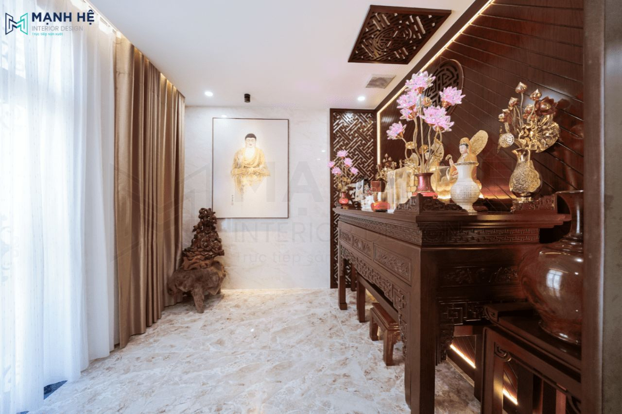 Phòng thờ nhà phố sử dụng vách ngăn CNC tinh tế, sang trọng