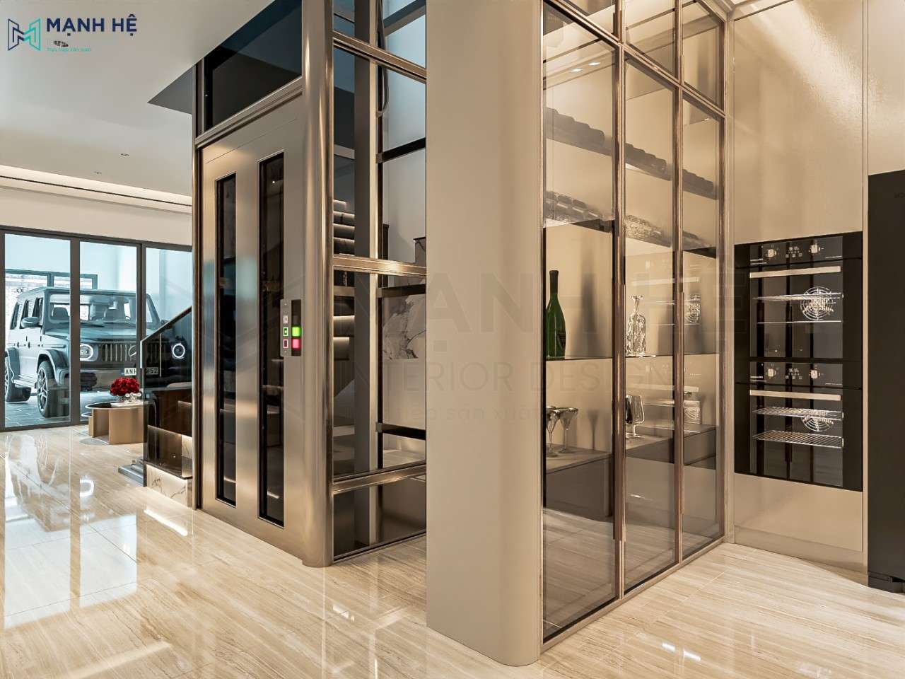 Hệ tủ rượu được thiết kế bo cong sang trọng sử dụng cánh kính