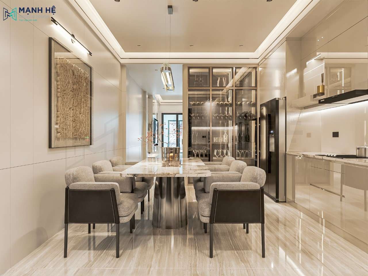 Ánh sáng của hệ đèn trần khiến hệ tủ rượu cánh kính dường như có hồn hơn