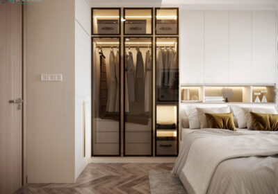 Hệ tủ quần áo cánh kính khung inox vàng sang trọng