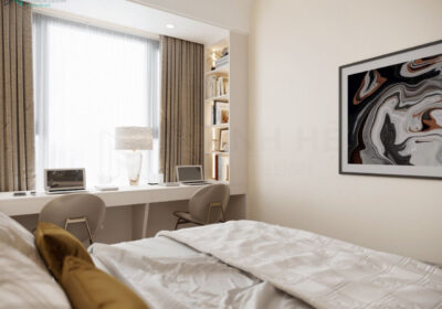 Bàn làm việc đặt cạnh cửa sổ để tiếp thêm năng lượng với kệ sách nhỏ bên hông