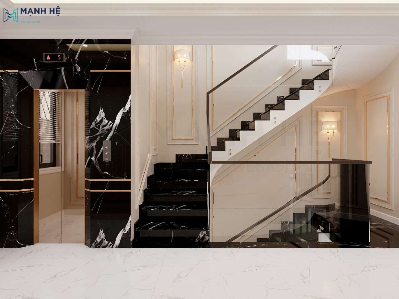 Sắc đen của đá ốp cầu thang góp phần làm nổi bật nên những đường phào chỉ chạy nẹp chỉ vàng sang trọng