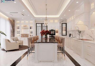 Thiết kế nội thất phòng bếp tân cổ điển tinh tế, sang trọng nhưng lại nhẹ nhàng vì mang gam màu trắng
