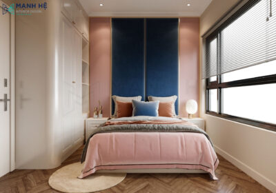 Sử dụng giường bọc nệm và vách nệm ốp tường phối màu xanh hồng nhẹ nhàng 