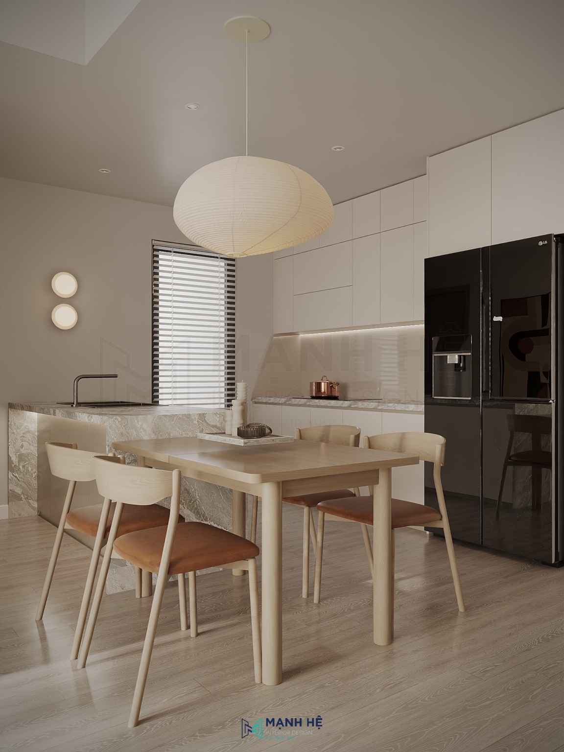 Tủ bếp gỗ công nghiệp màu trắng tích hợp cùng đảo bếp đơn giản, hiện đại
