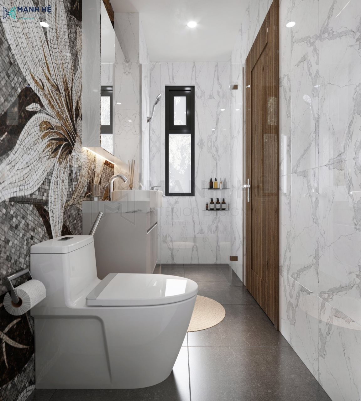 Không gian phòng vệ sinh này cũng được ốp gạch đá vân mây sang trọng