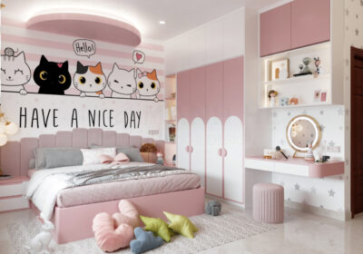 Phòng ngủ xinh xắn hơn nhờ vào cách bố trí khoa học và điểm nhấn hình chú mèo đầu giường