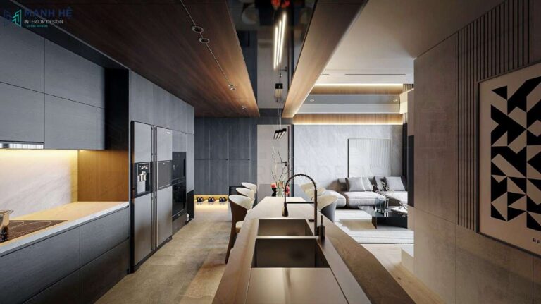 Phòng khách liền bếp căn hộ chunh cư Lumiere Boulevard được thiết kế trần ốp gỗ phân chia không gian một cách tinh tế.