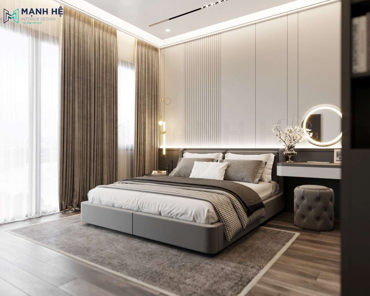Trang trí phòng ngủ master bằng hệ vách ốp sau giường cùng chiếc đèn chùm thả sang trọng