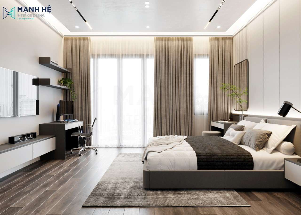 Phòng ngủ của nam được tối ưu ánh sáng từ hệ trần thạch cao cùng hệ rèm cửa 2 lớp