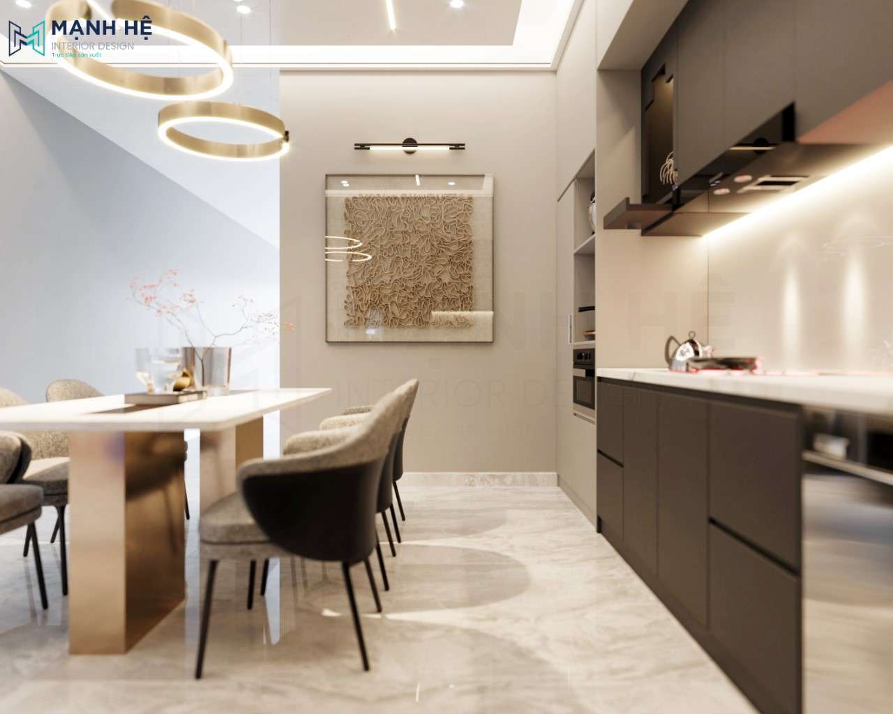 Phòng bếp được trang bị hệ thông đèn đầy đủ từ đèn tủ bếp, đèn trần đến đèn thả trang trí cho không gian thêm sang trọng, ấm cúng hơn