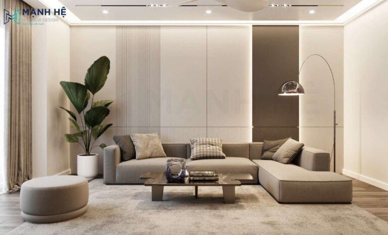 Bộ sofa và bàn trà được thiết kế lạ mắt, kết hợp cùng vách ốp gỗ công nghiệp 2 màu xám tăng thêm sự sang trọng, hiện đại cho không gian