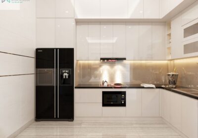 Tủ bếp với thiết kế chữ L giúp tận dụng tối đa diện tích kết hợp phủ Acrylic bóng gương mang lại vẻ đẹp sang trọng và tinh tế