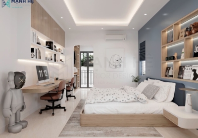 Thiết kế phòng ngủ với tone màu trắng tô điểm thêm bức tường xanh, kèm nhiều món đồ decor dễ thương tạo sự sinh động cho căn phòng