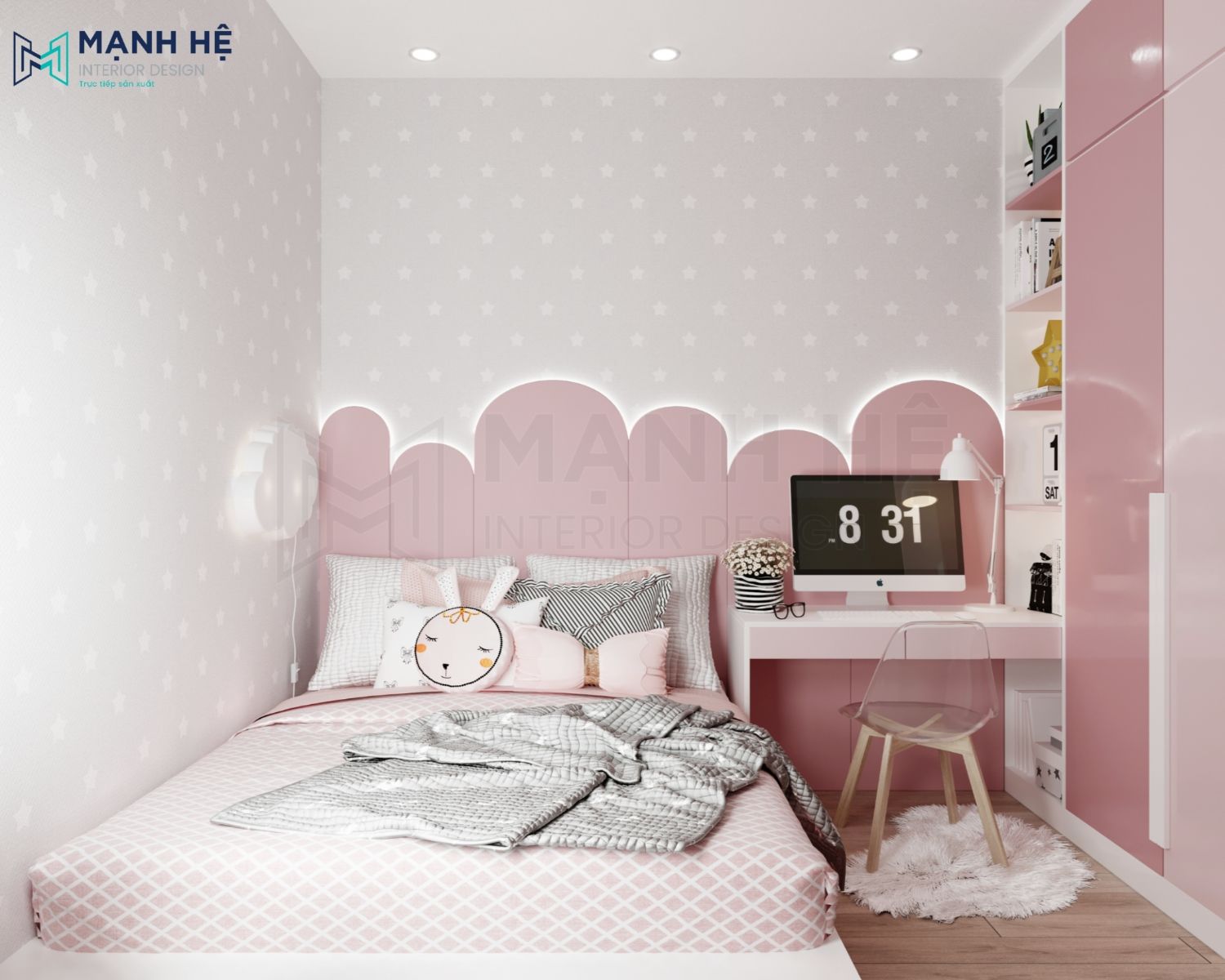 Sự ngọt ngào được tôn lên nhờ vào sự đồng bộ của nội thất với tone chủ đạo trắng, hồng