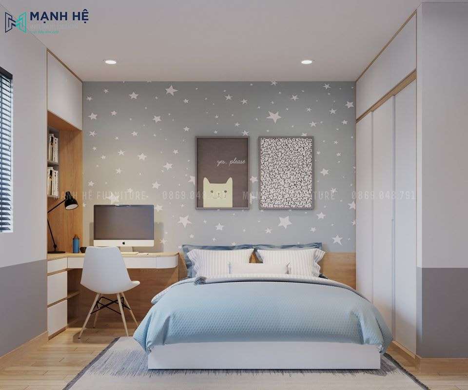 Không gian trở nên năng động với tone trắng xanh chủ đạo