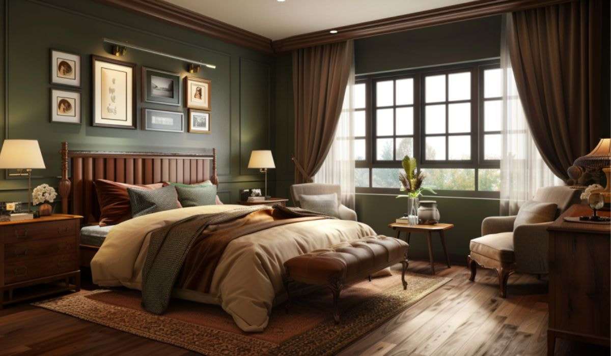 Phòng ngủ cho ông bà sử dụng tone màu đỏ đô, xanh rêu mang đến sự ấm cúng cho không gian