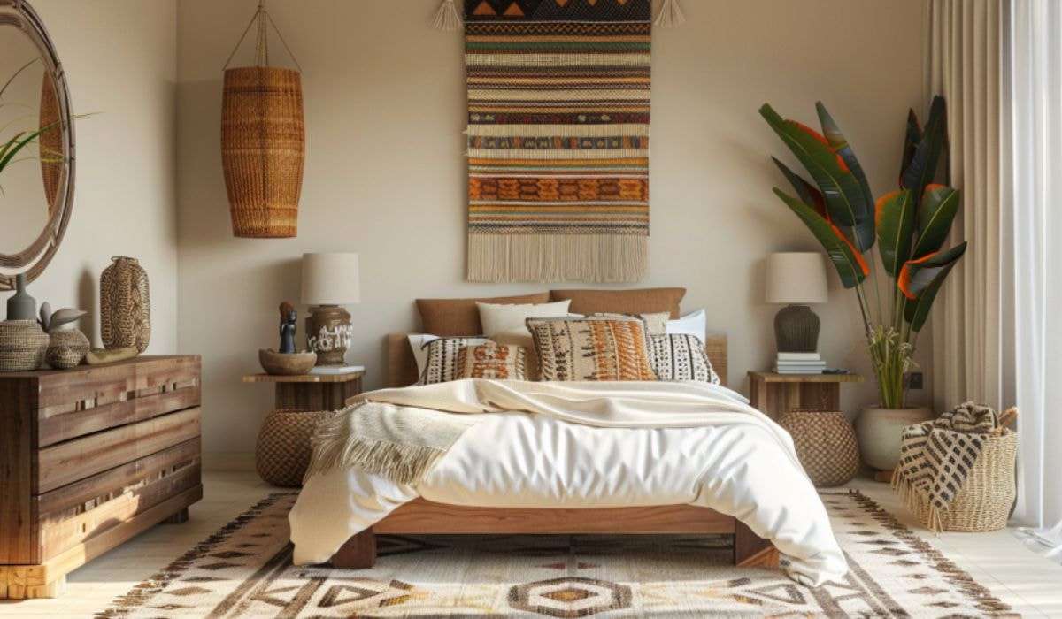 Phòng ngủ chuẩn phong cách Bohemian với tone kem chủ đạo và nội thất làm bằng gỗ