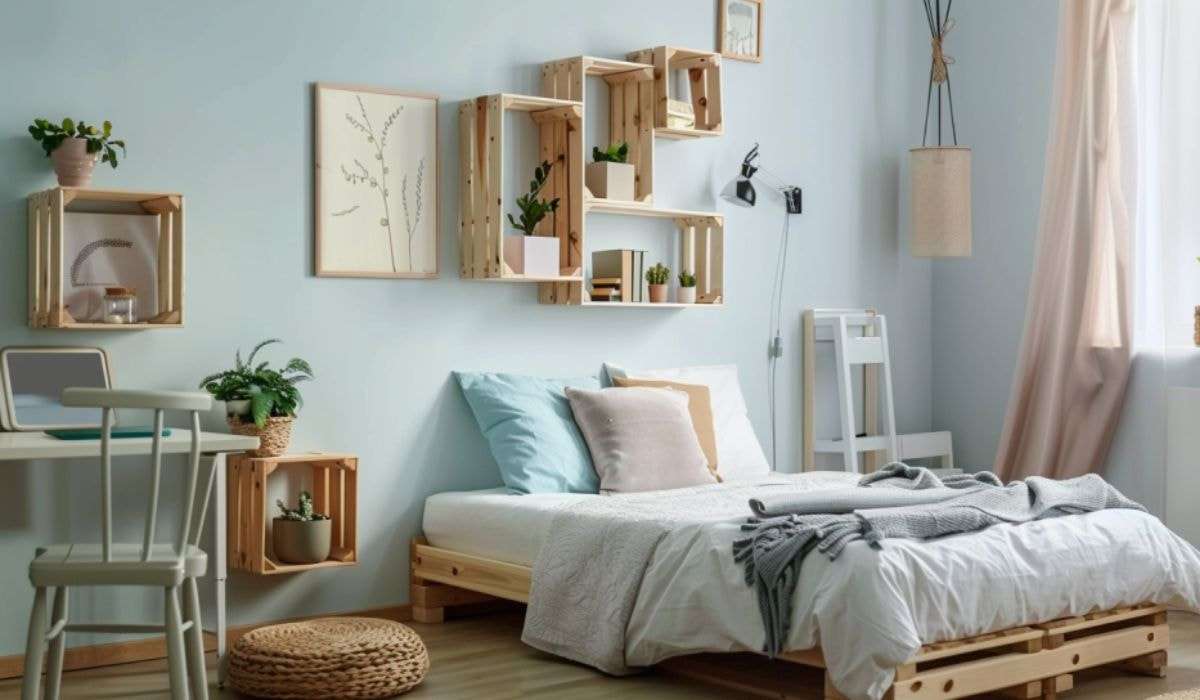 Tận dụng hộp gỗ làm kệ trang trí cho phòng ngủ phù hợp với ngân sách bình dân