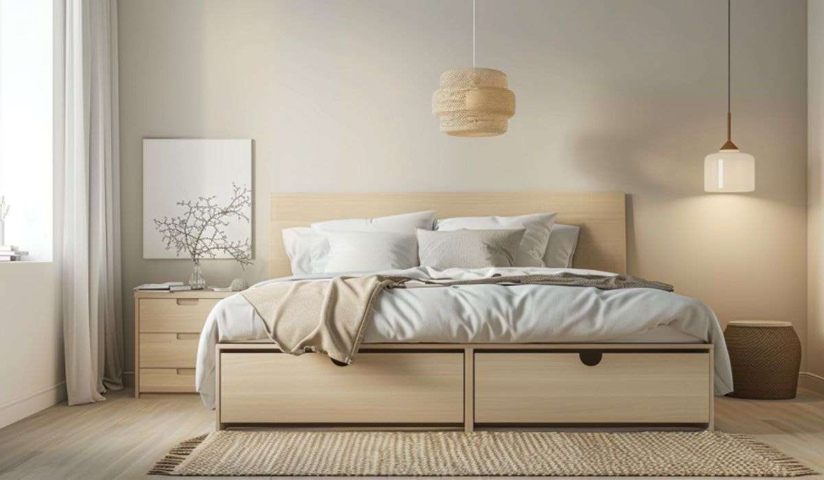 Trang trí giường tích hợp tủ kéo cho phòng ngủ bình dân giúp tối ưu được không gian phòng