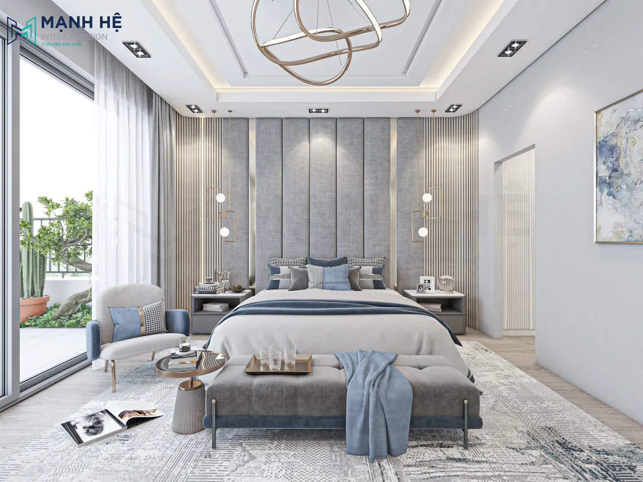 Sự trẻ trung năng động của phòng ngủ toát lên rõ rệt nhờ gam màu xanh denim