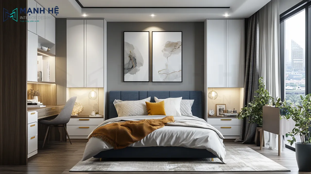 Phòng ngủ gam màu xanh dương đậm nổi bật bởi các đường phào chỉ chạy quanh tường