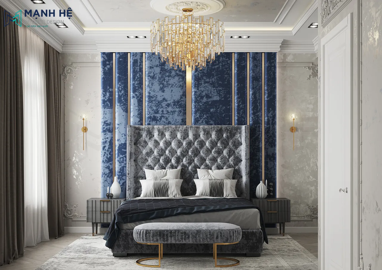 Mẫu phòng ngủ màu xanh navy được trang trí độc đáo, bắt mắt