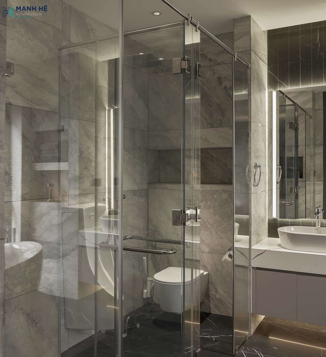 Thi công nhà vệ sinh phòng ngủ master sử dụng chất liệu đá marble cao cấp