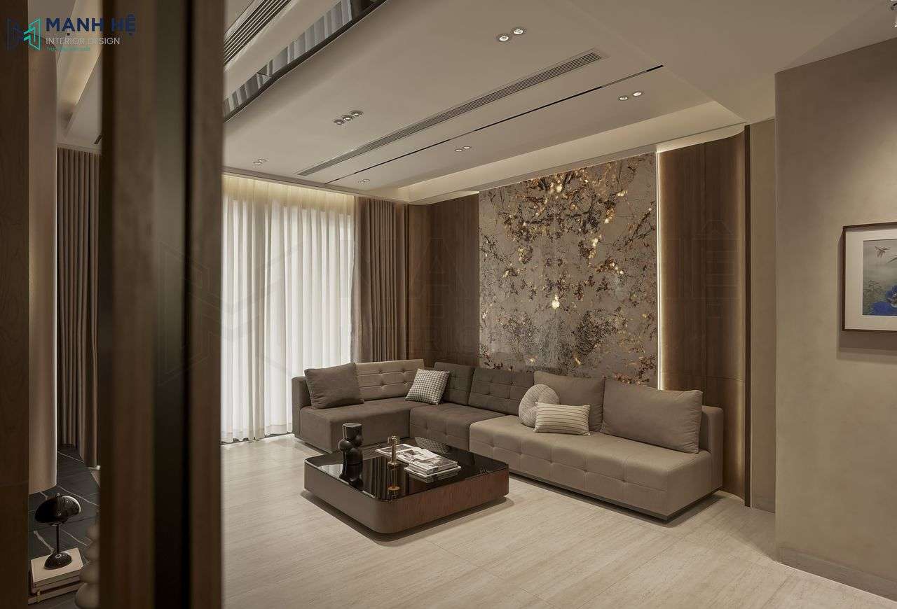 Phòng khách theo phong cách hiện đại mang vẻ đẹp sang trọng, tinh tế, thanh lịch