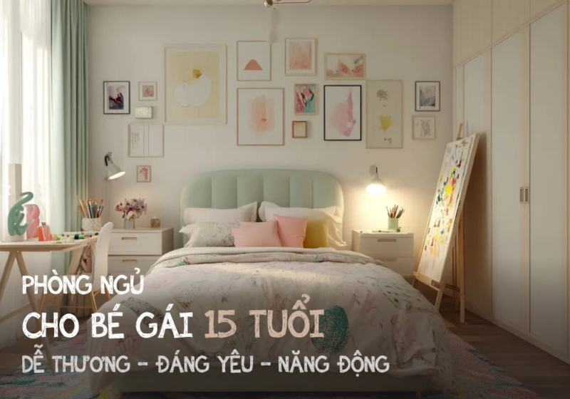 Thiết kế phòng ngủ dễ thương và nhẹ nhàng với tranh treo tường nghệ thuật kết hợp cùng tông màu trắng trung tính