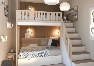 Sử dụng gỗ công nghiệp phủ melamine để thiết kế giường tầng cho phòng ngủ, kết hợp cùng khung inox giúp đảm bảo an toàn
