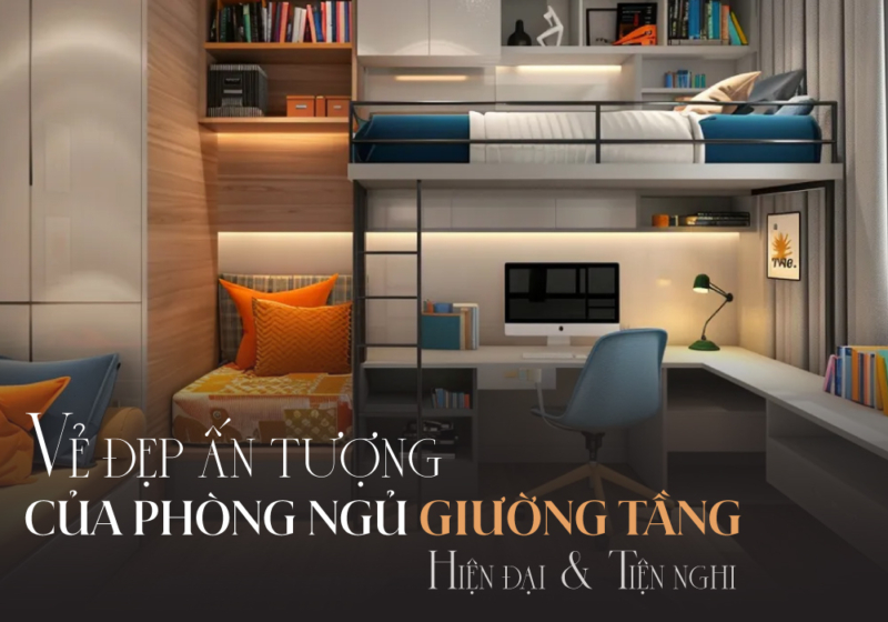 Thiết kế phòng ngủ giường tầng hiện đại với nội thất gỗ công nghiệp đa năng tích hợp kệ sách và bàn học bền đẹp