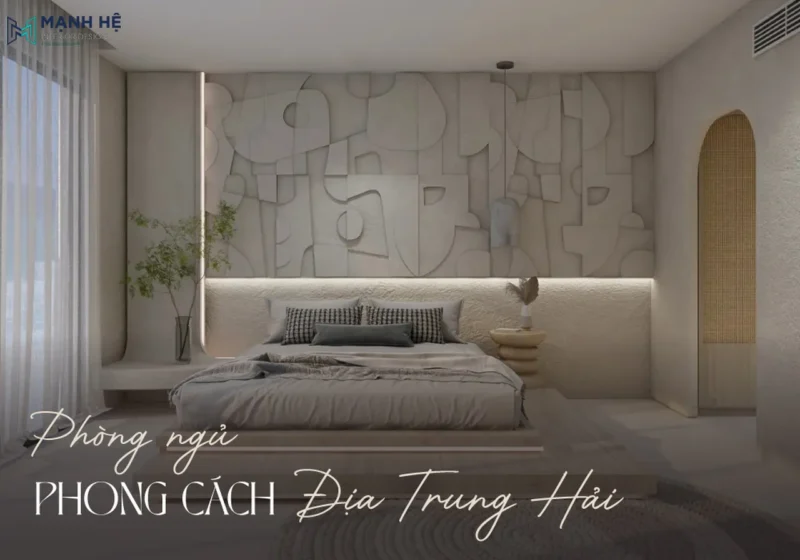 Trang trí bức tường đầu giường sáng tạo, phá cách cho phòng ngủ Địa Trung Hải, gam màu xám, gỗ mang lại cảm giác ấm cúng và sang trọng, kết hợp các yếu tố trang trí như thảm trải sàn, cây xanh cho không gian.