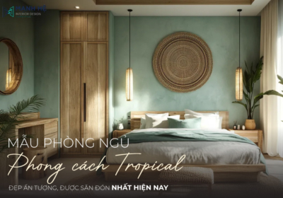 Phòng ngủ phong cách tropical với vẻ đẹp thanh từ nội thất gỗ nổi bật trên nền tường xanh pastel