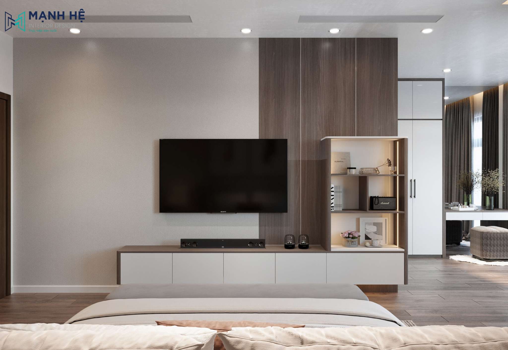 Kệ tivi treo tường, giúp tối ưu không gian cho phòng ngủ