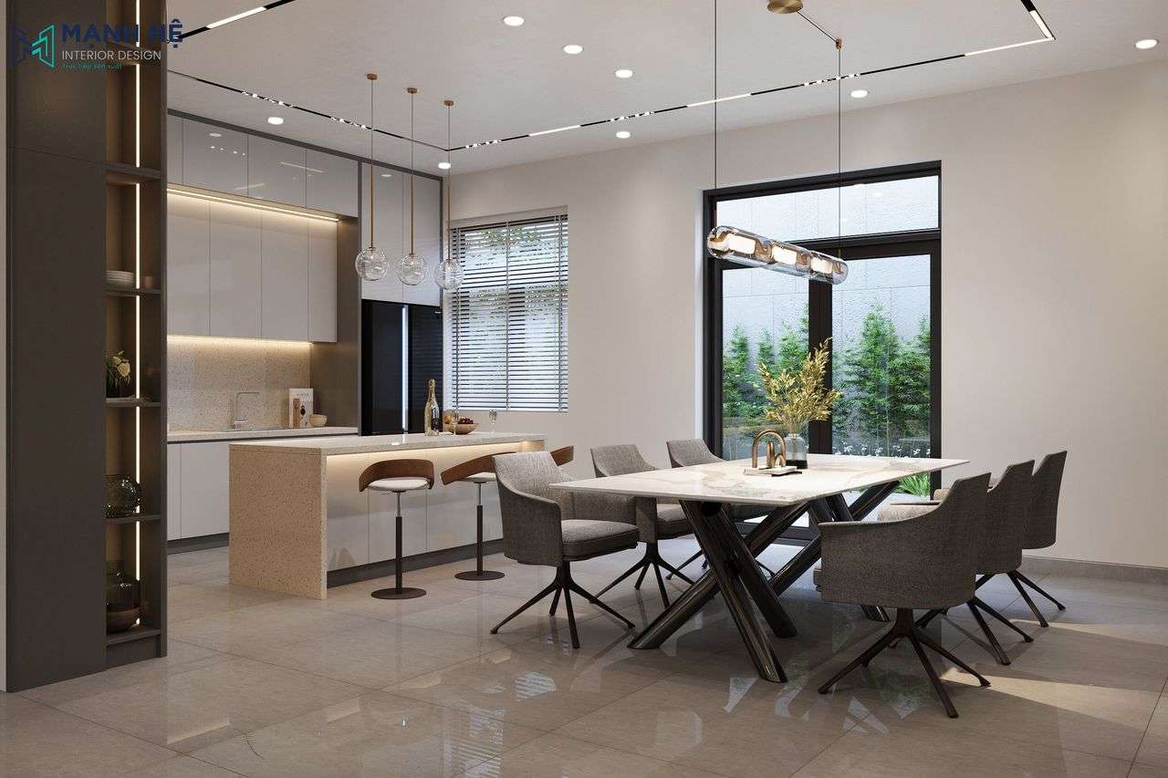 Thiet Ke Nha Pho Binh Duong Anh Thanh 3 Tang (49) Bộ bàn ăn 6 ghế với thiết kế chân bàn độc đáo lạ mắt