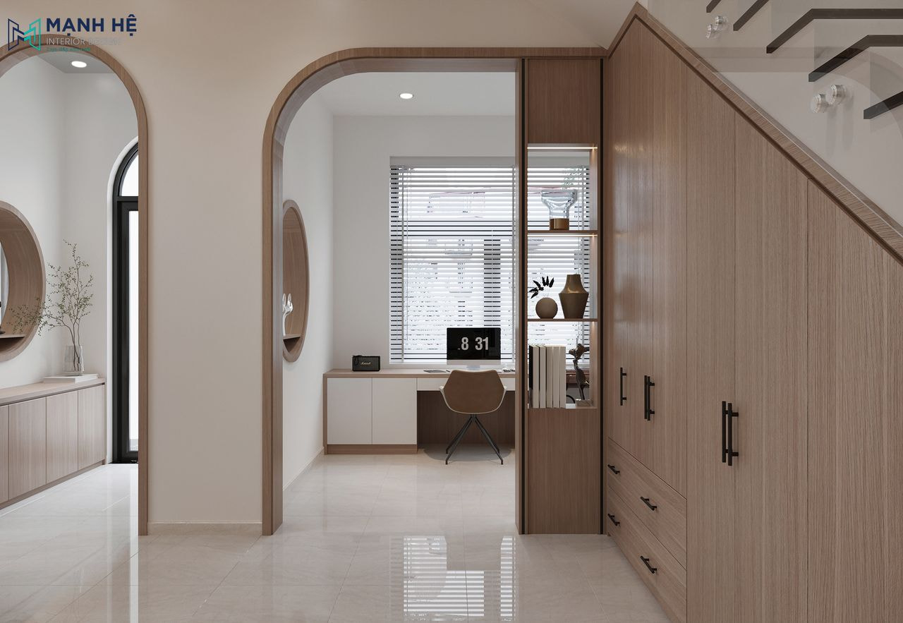 Phòng khách được thiết kế thêm 1 phòng làm việc nhỏ xinh với bộ bàn ghế làm việc bằng gỗ công nghiệp